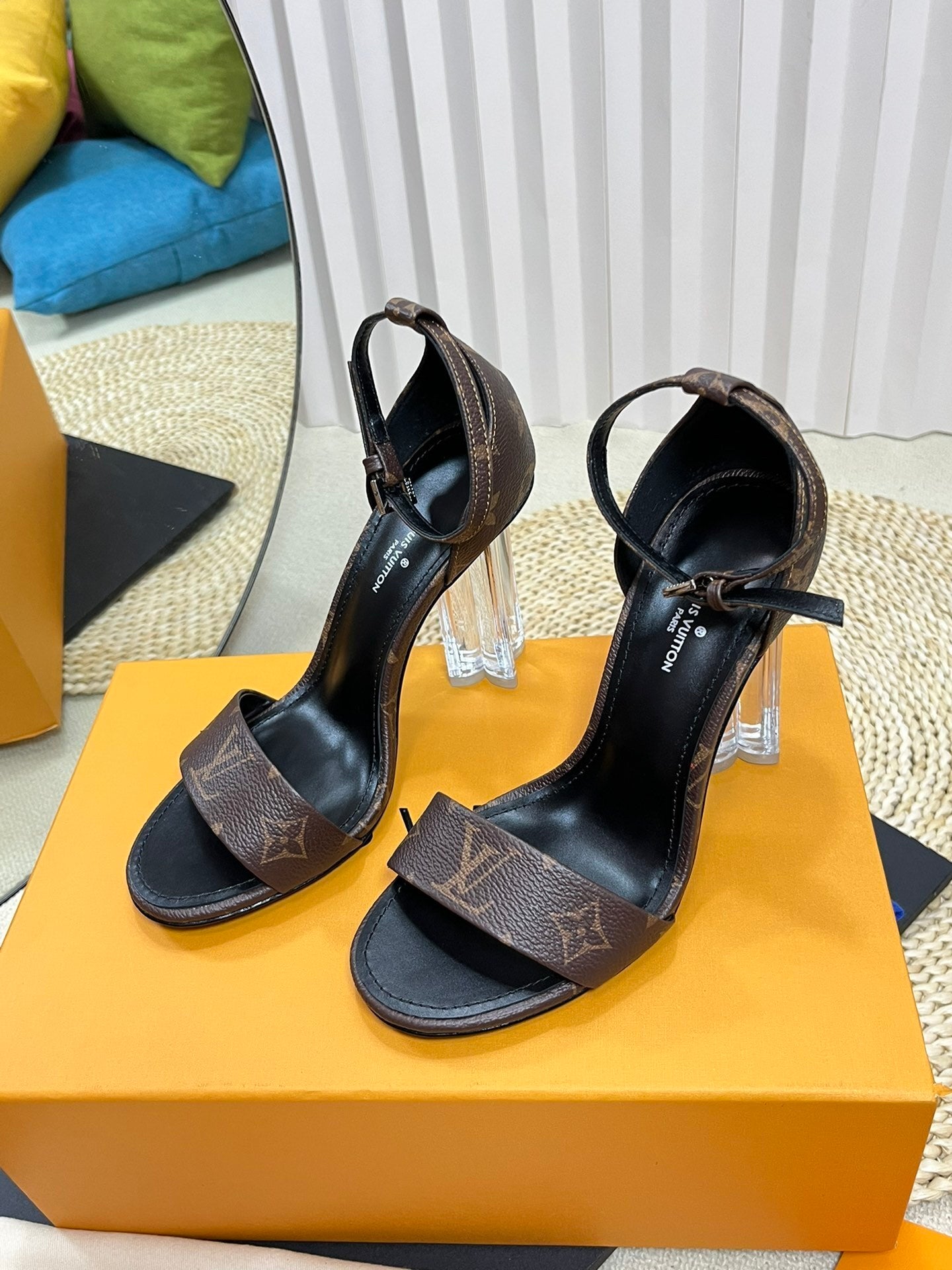 MONOGRAM STRAP CLEAR HEEL SANDALS