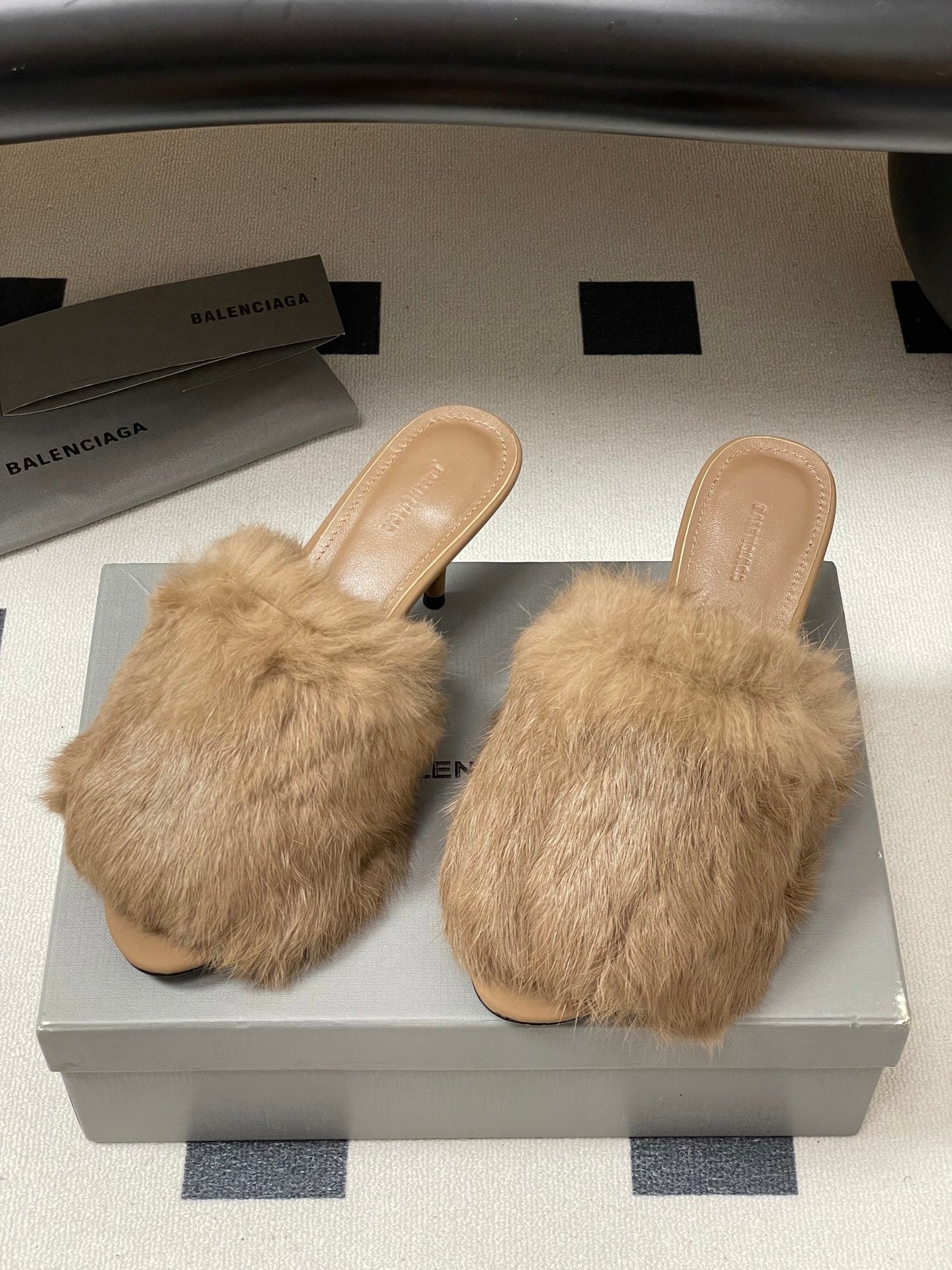 BEIGE FUR STRAP MULE HEELS