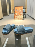 DENIM MONOGRAM PLATFORM SLIDE SANDALS