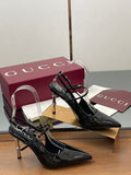 BLACK PATENT POINTED TOE SLINGBACK HEELS WITH METALLIC HEEL