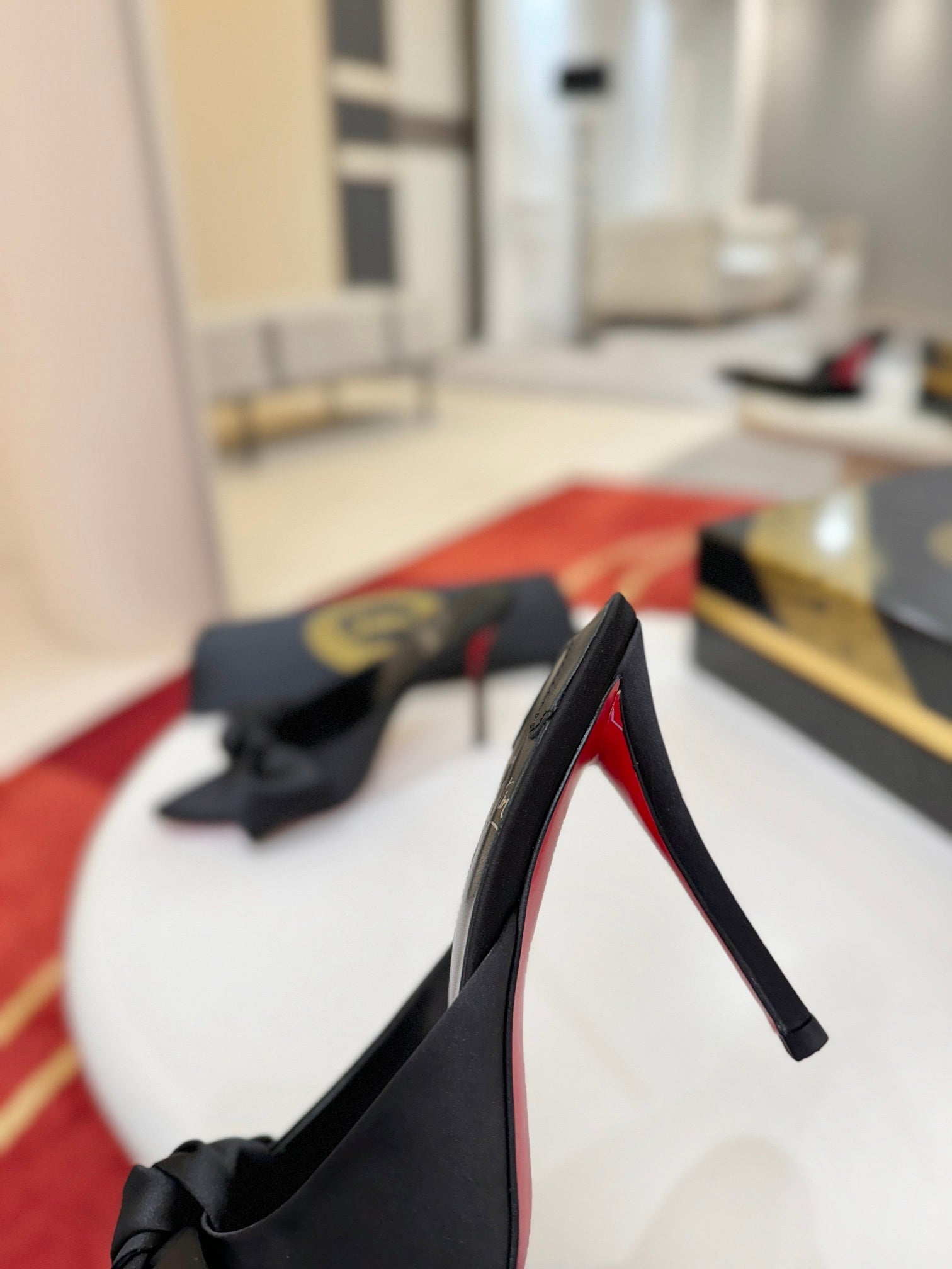 BLACK SATIN BOW MULE HEELS