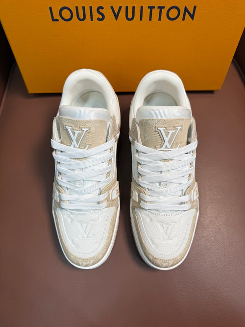 BEIGE & WHITE TEXTURED LOW-TOP SNEAKERS