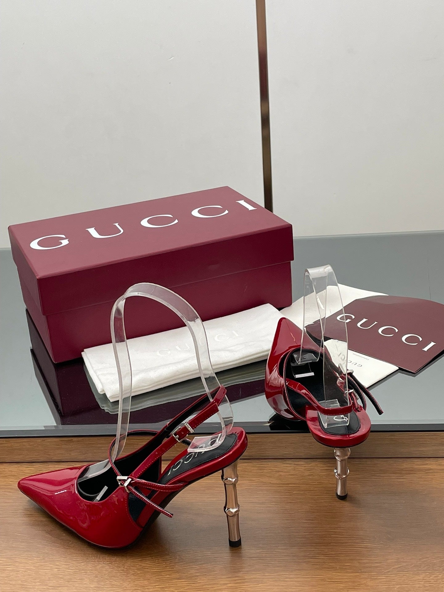 RED PATENT POINTED TOE SLINGBACK HEELS WITH METALLIC HEEL