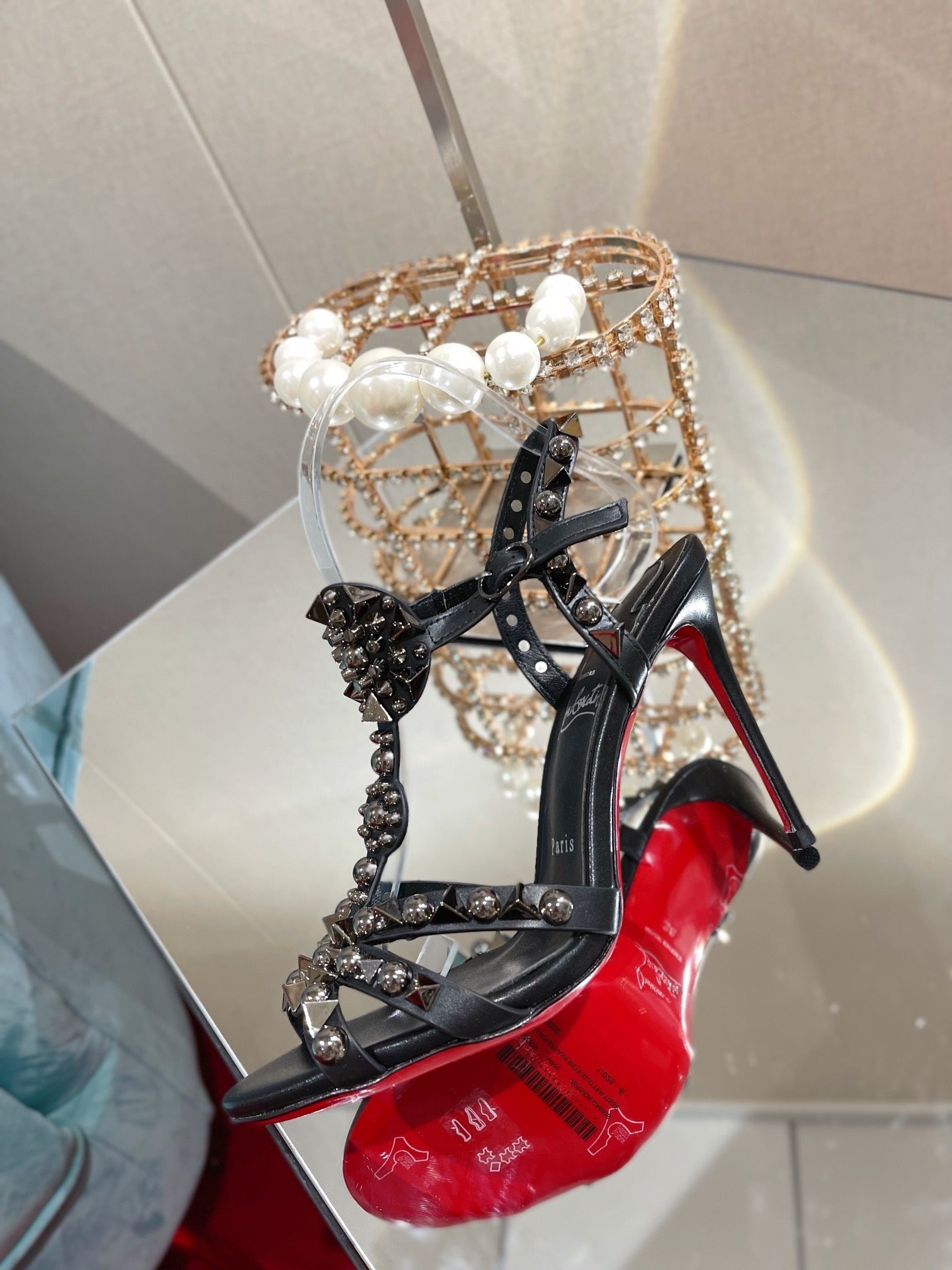BLACK STUDDED EMBELLISHED STRAP HEELS