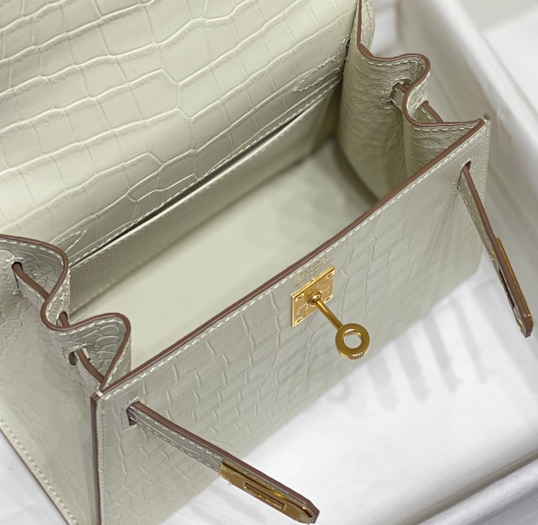 LUXURY WHITE CROCODILE EMBOSSED MINI TOP HANDLE HANDBAG WITH GOLD HARDWARE