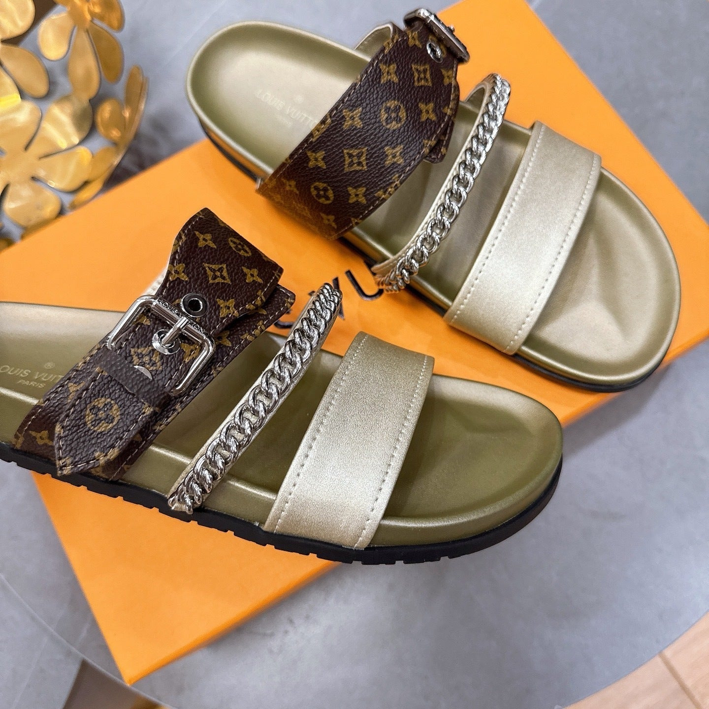 BEIGE MULTI-STRAP CHAIN DETAIL SLIDE SANDALS