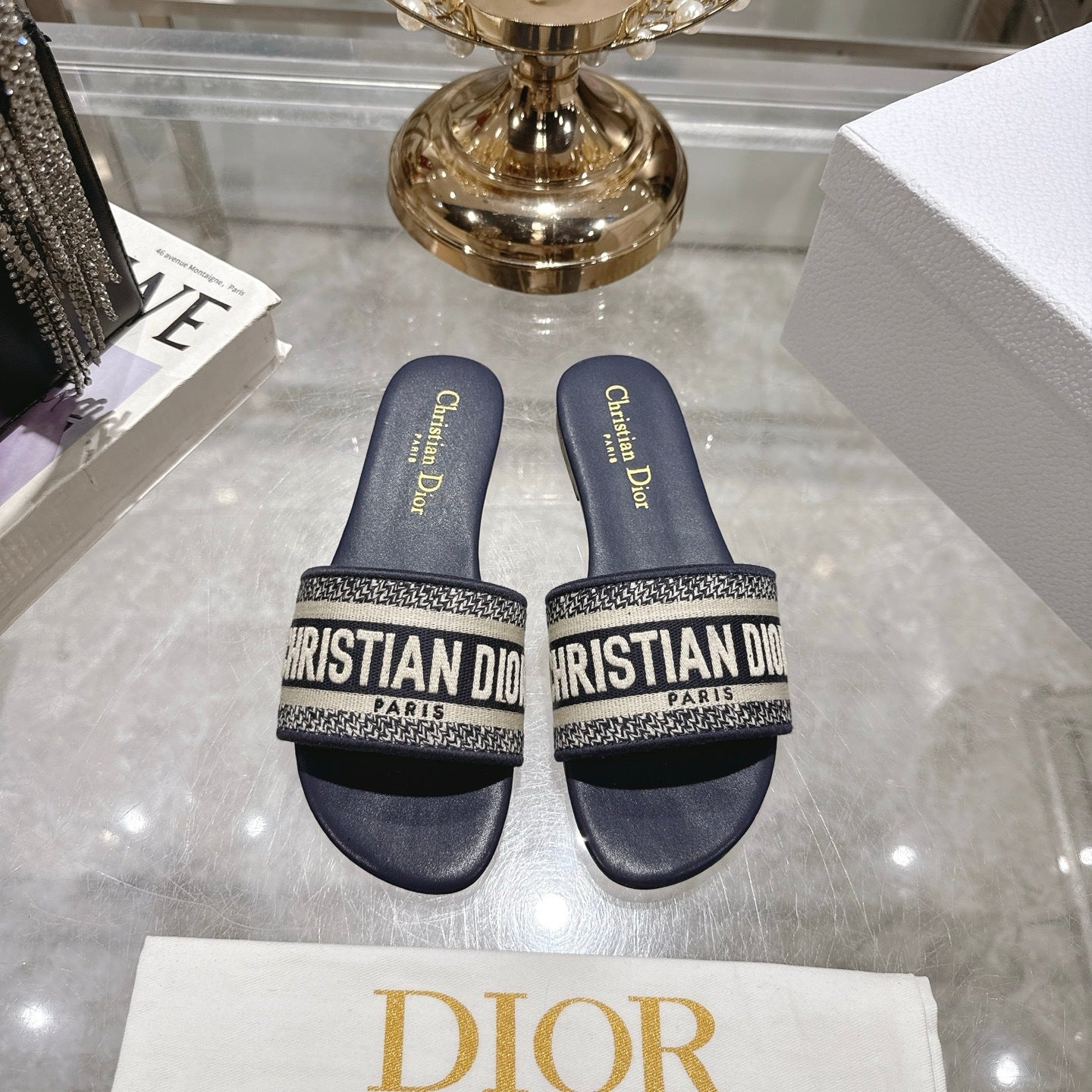 LOGO JACQUARD FLAT SLIDES – NAVY
