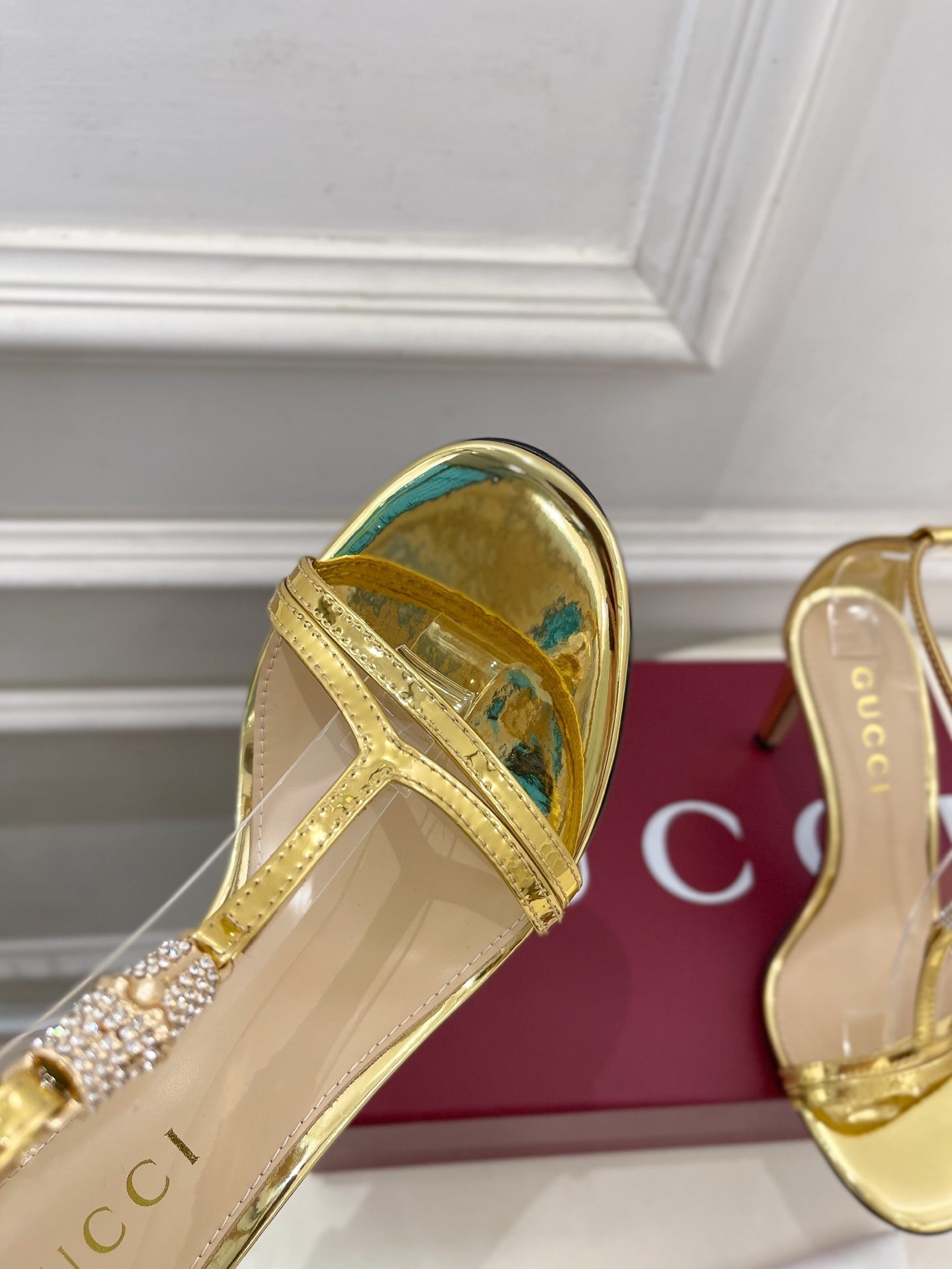 GOLD TRANSPARENT STRAPPY HEEL SANDALS