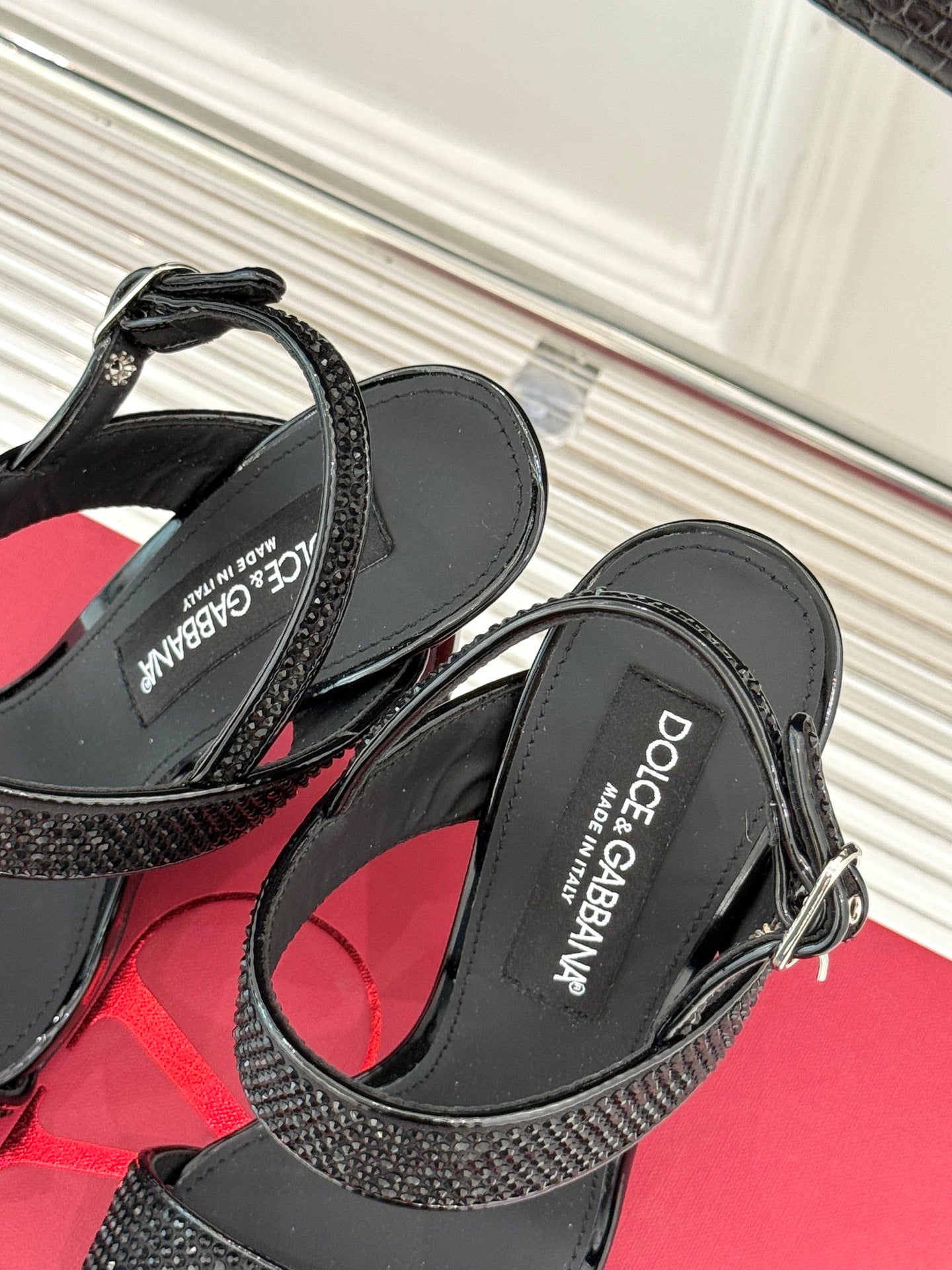 BLACK CRYSTAL-EMBELLISHED STRAPPY STILETTO HEELS