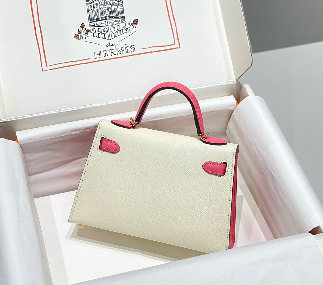 LUXURY MINI WHITE & PINK LEATHER TOP HANDLE BAG