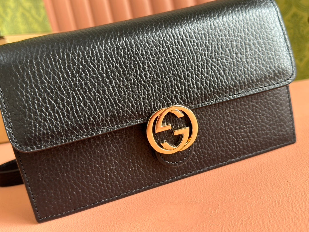 BLACK LEATHER CHAIN WALLET CROSSBODY BAG