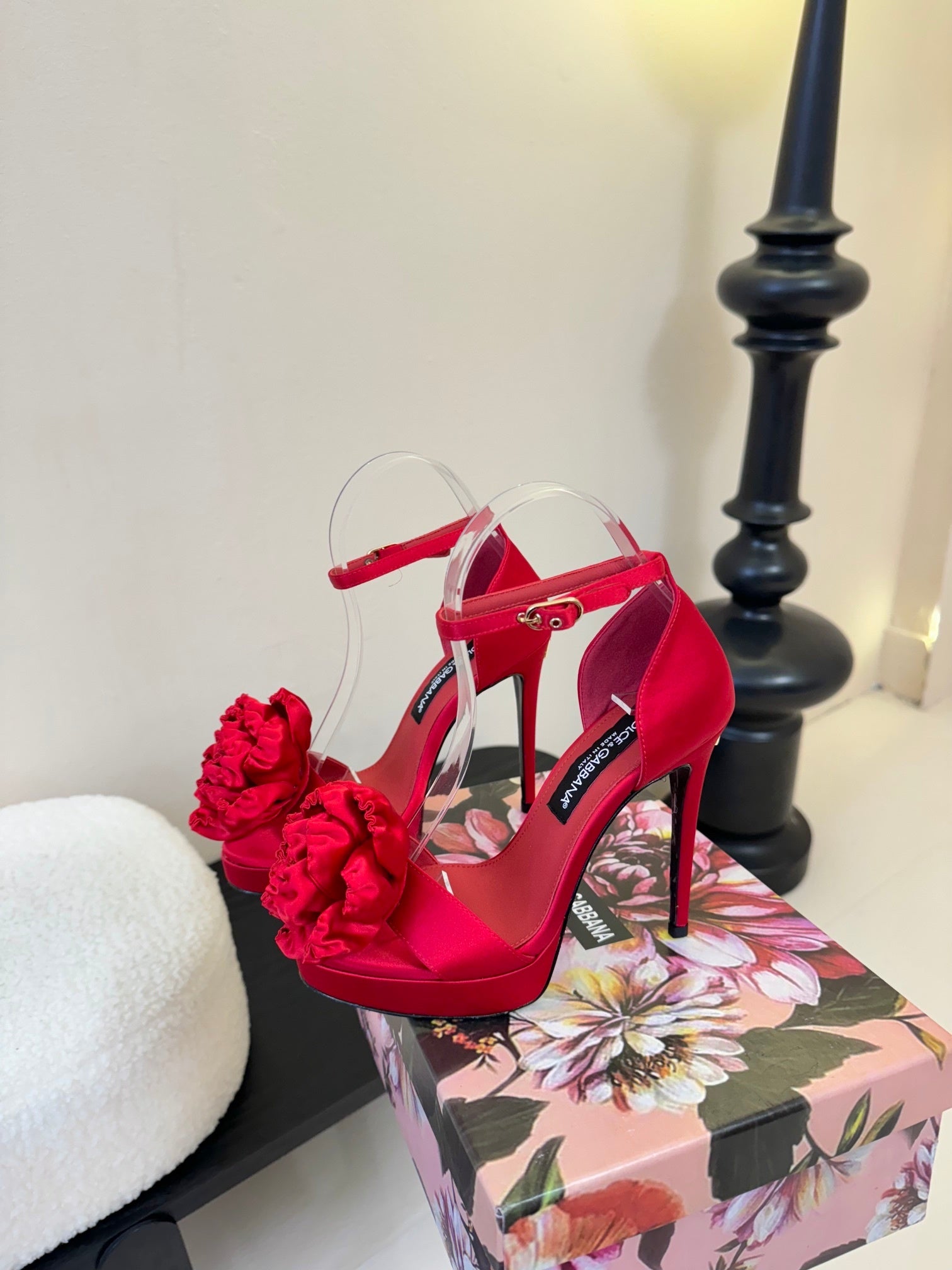 RED SATIN ROSETTE STRAPPY STILETTO HEELS