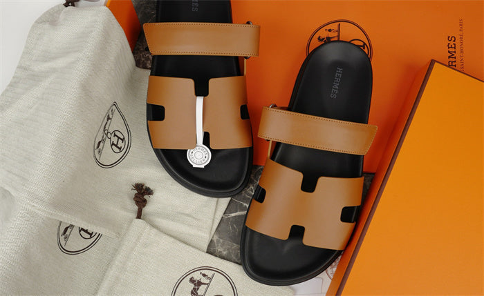 TAN DOUBLE-STRAP H-CUT SLIDE SANDALS