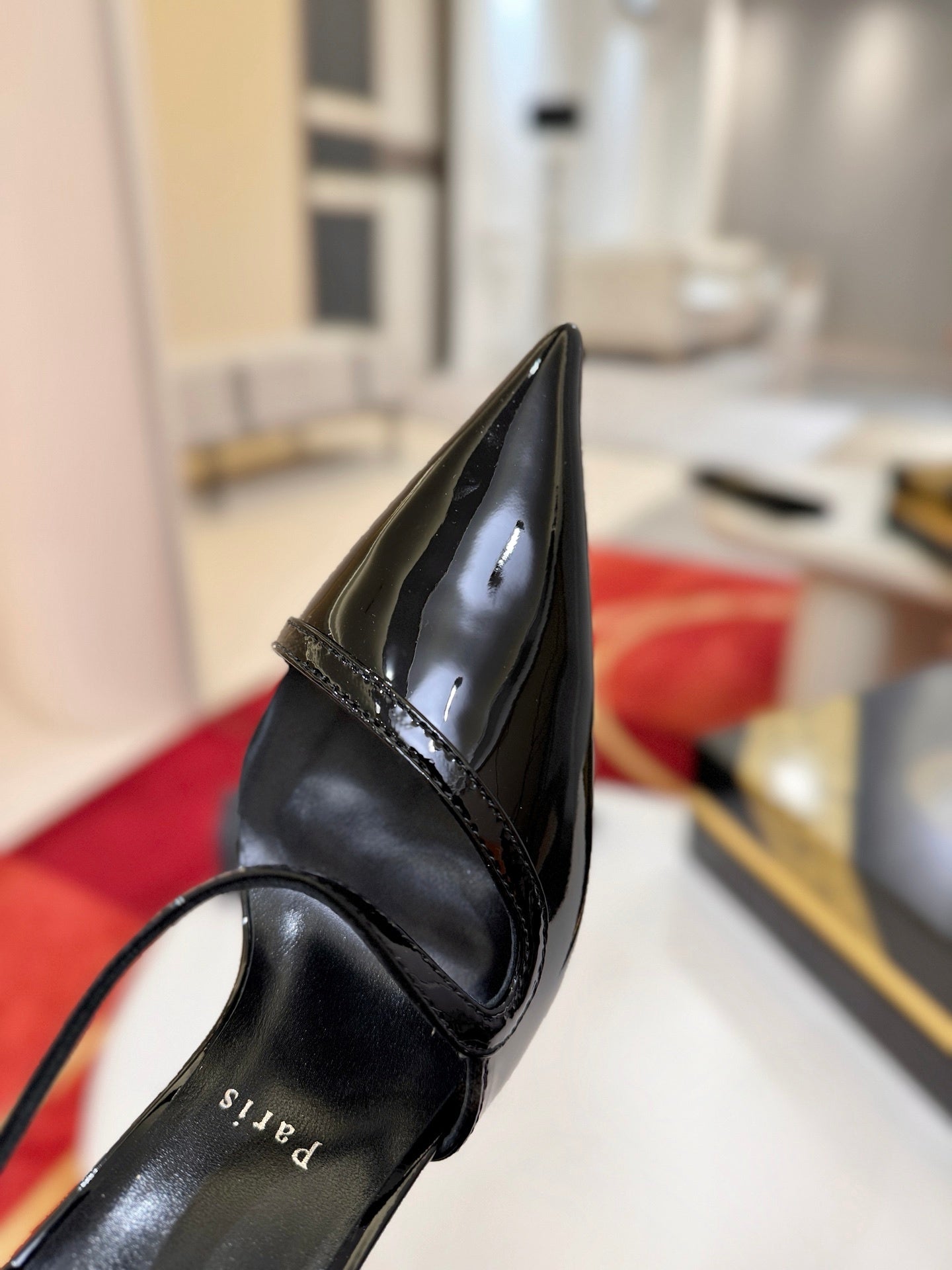 BLACK PATENT STRAPPY POINTED HEELS