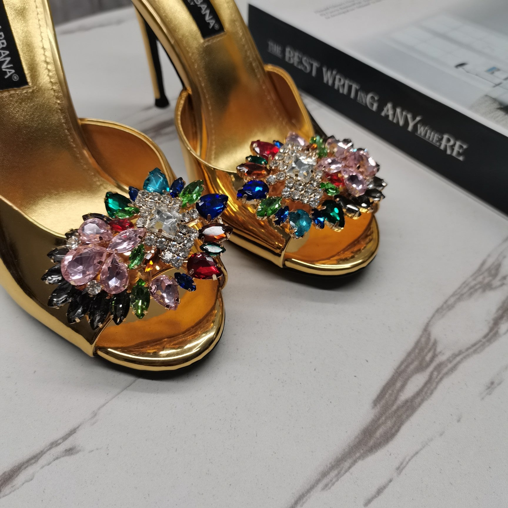 GOLD METALLIC MULE HEEL SANDALS WITH MULTICOLOR CRYSTAL EMBELLISHMENT