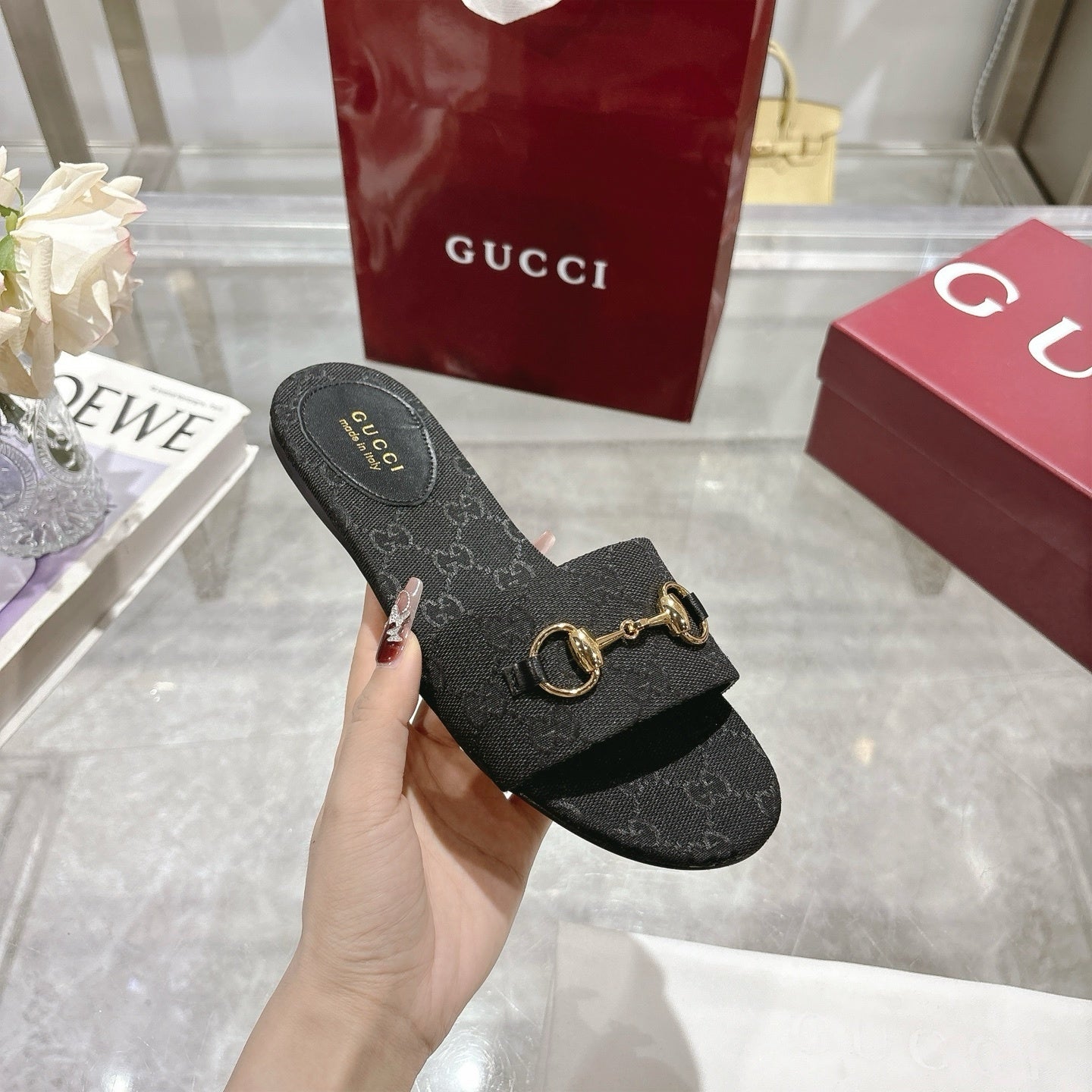 BLACK MONOGRAM METAL DETAIL SLIDE SANDALS