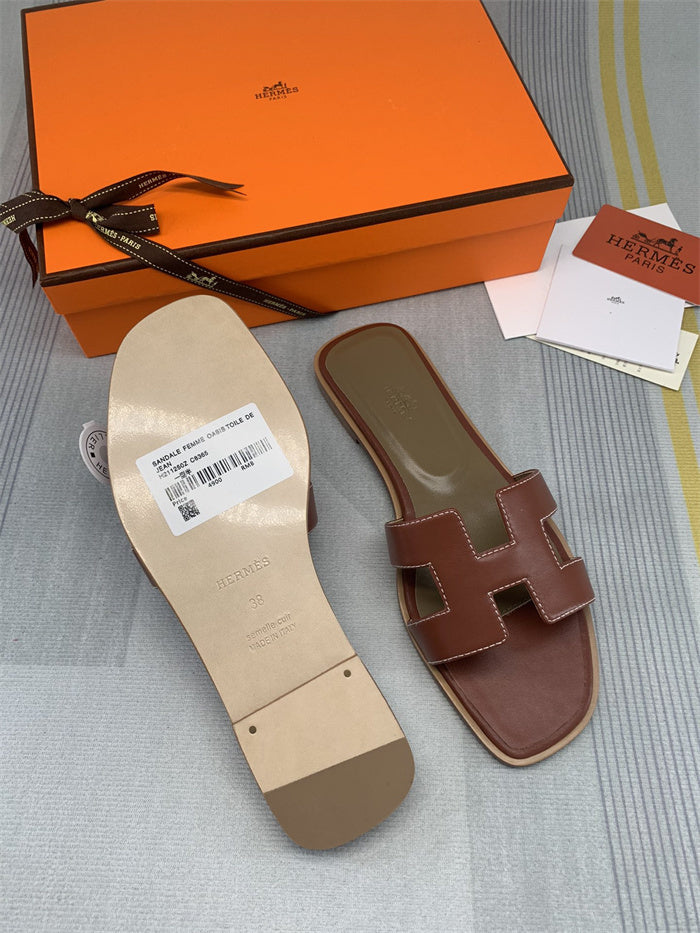 CLASSIC BROWN H-CUT LEATHER SLIDE SANDALS