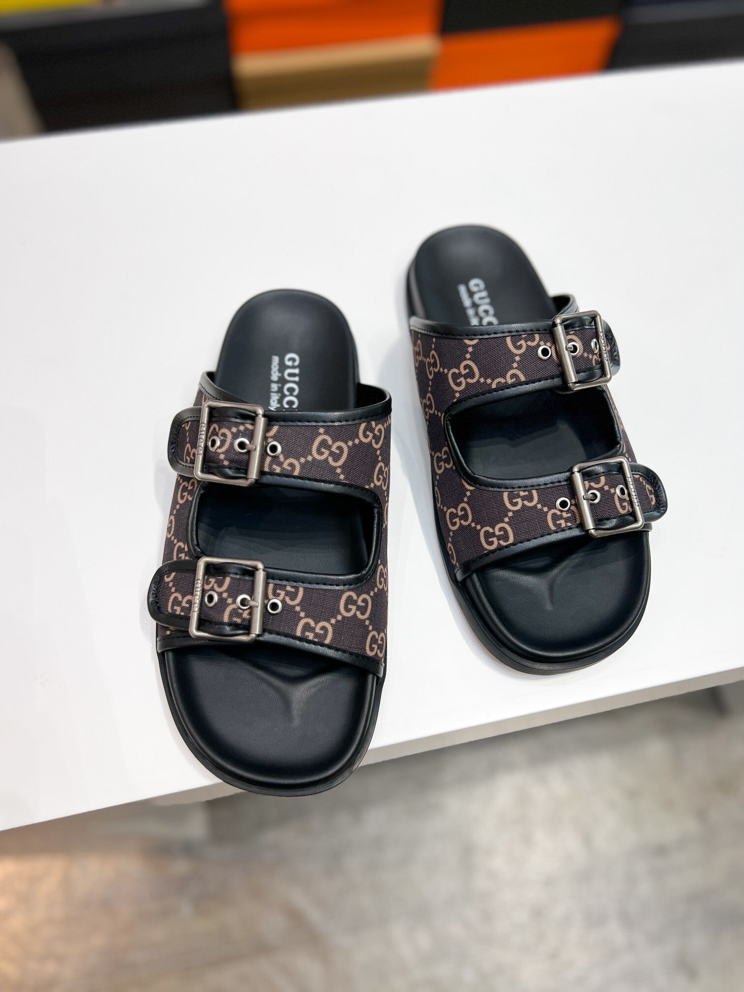 DOUBLE STRAP MONOGRAM BUCKLE SLIDE SANDALS
