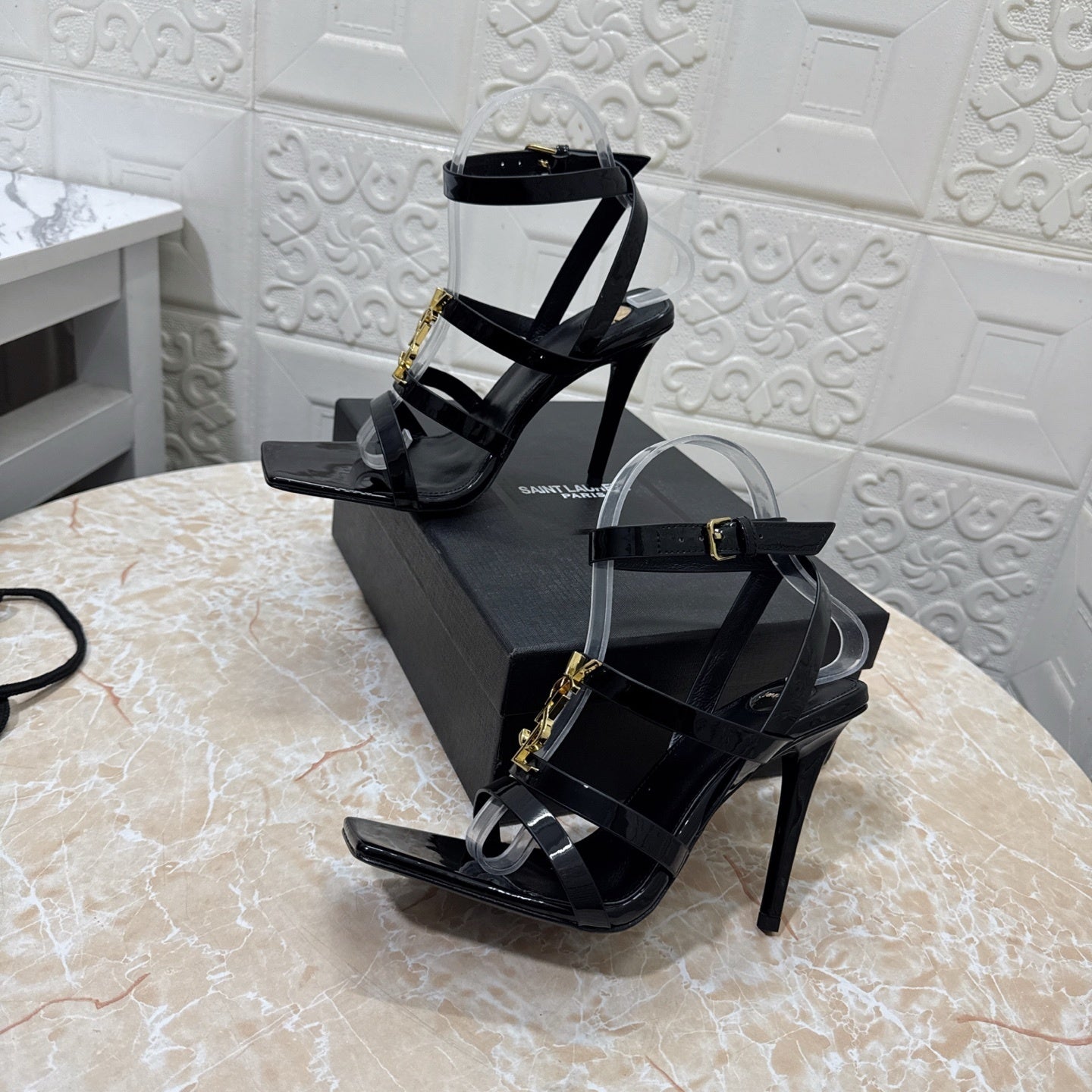 PATENT MULTI-STRAP STATEMENT HEEL SANDALS