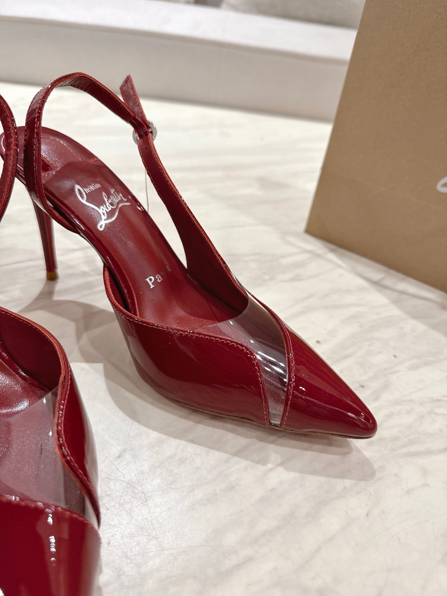 RED PATENT SLINGBACK HEELS WITH PVC DETAIL