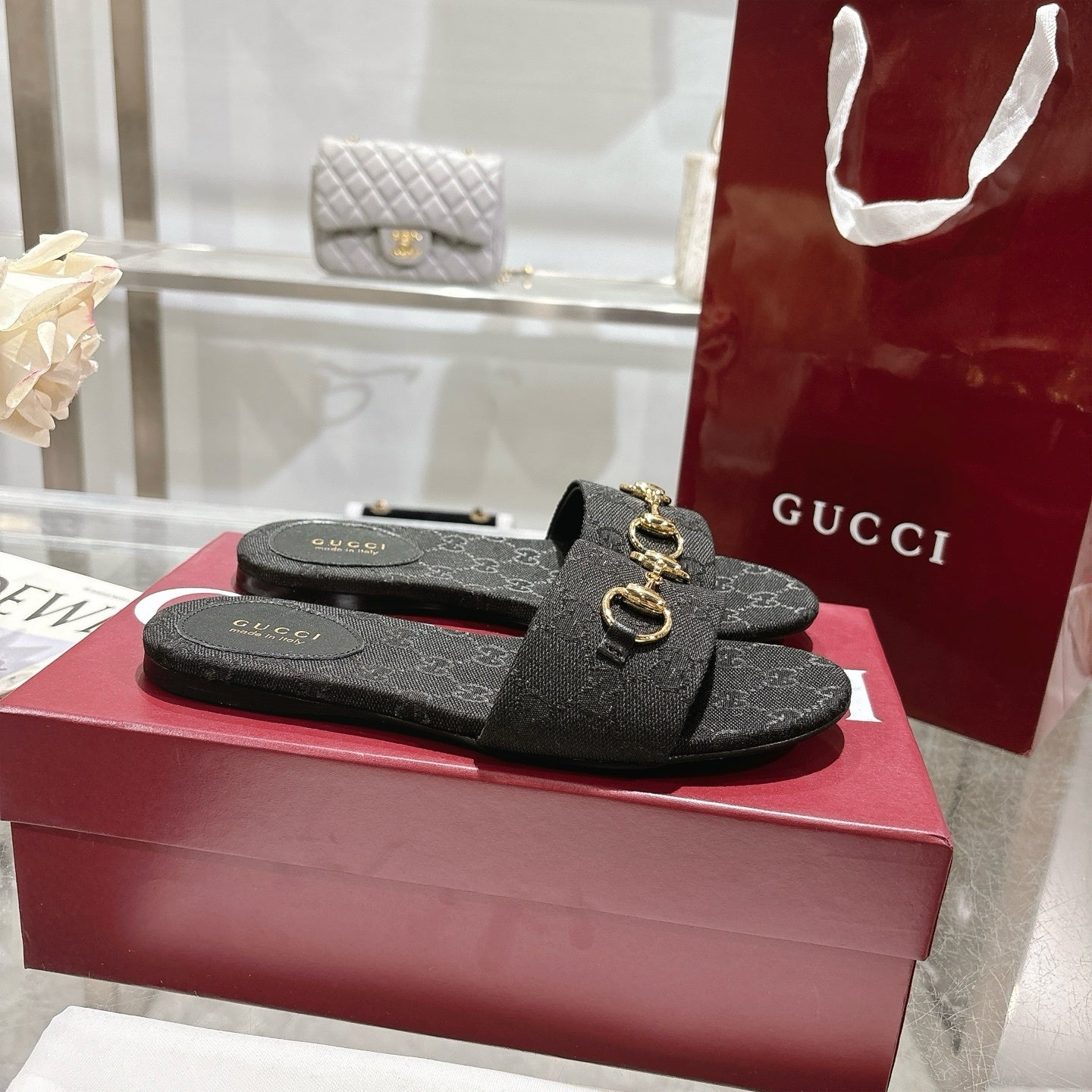BLACK MONOGRAM METAL DETAIL SLIDE SANDALS