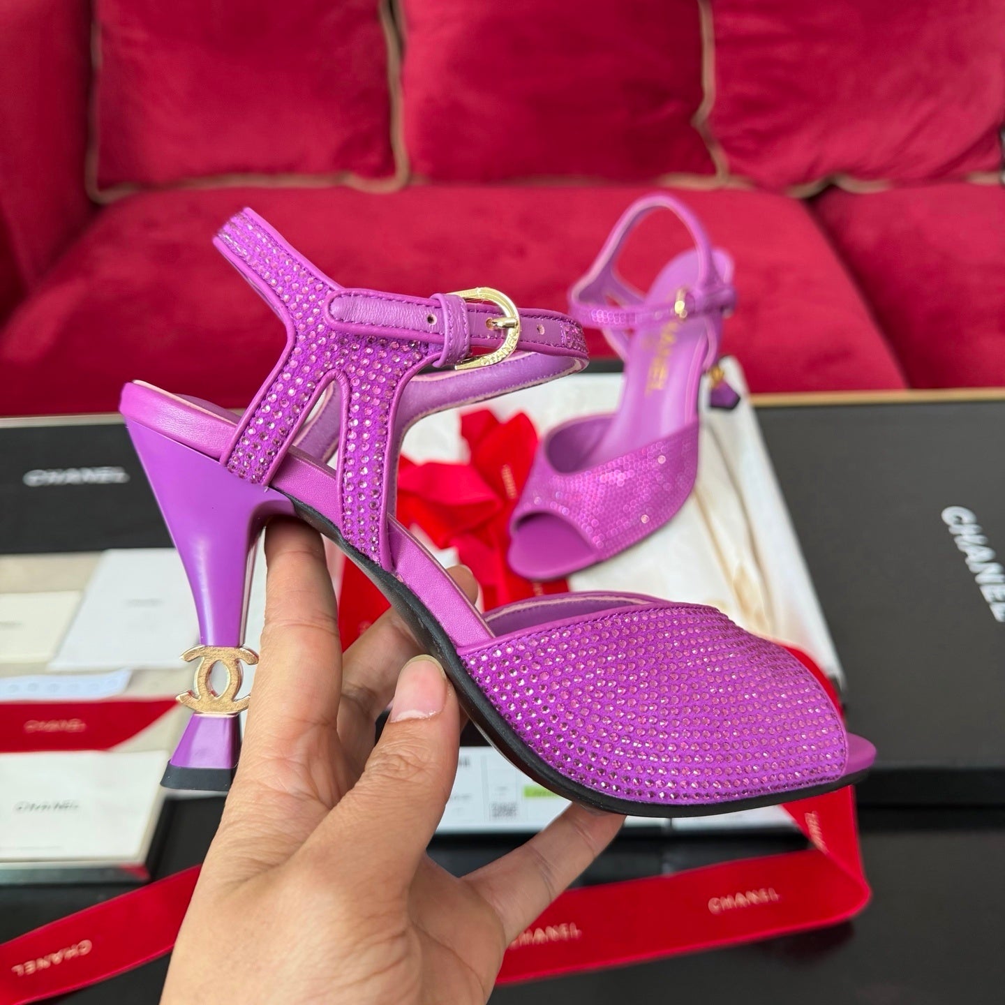 CRYSTAL EMBELLISHED ANKLE STRAP HEELS