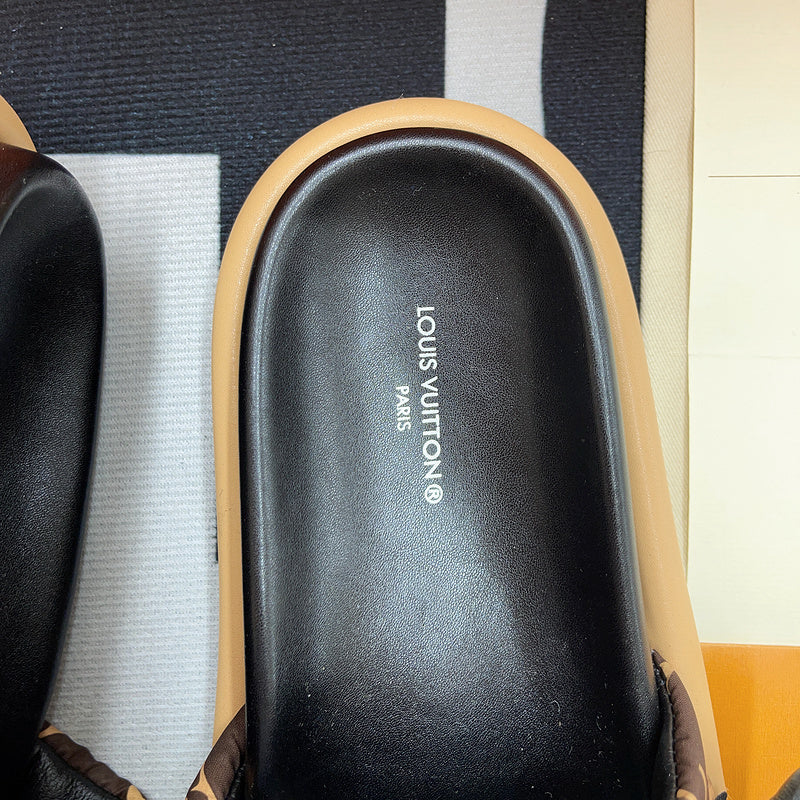 MONOGRAM PUFF STRAP PLATFORM SLIDE SANDALS