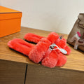 CORAL FAUX FUR MULE SLIPPERS WITH SILVER-TONE ACCENT
