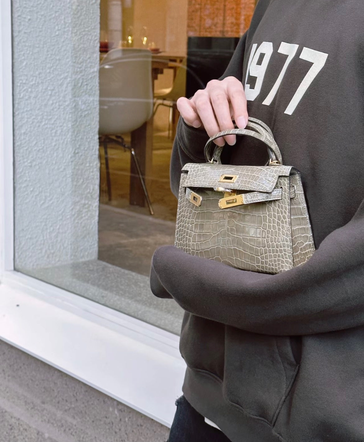 TAUPE CROCODILE EMBOSSED MINI TOP HANDLE HANDBAG WITH GOLD HARDWARE