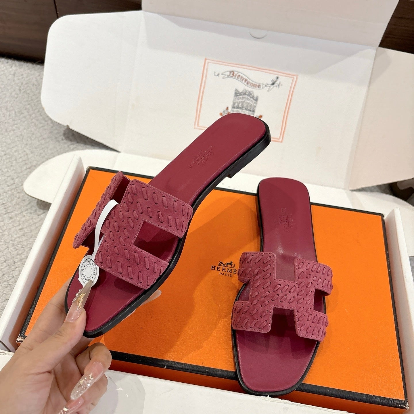 BURGUNDY SUEDE SLIDE SANDALS