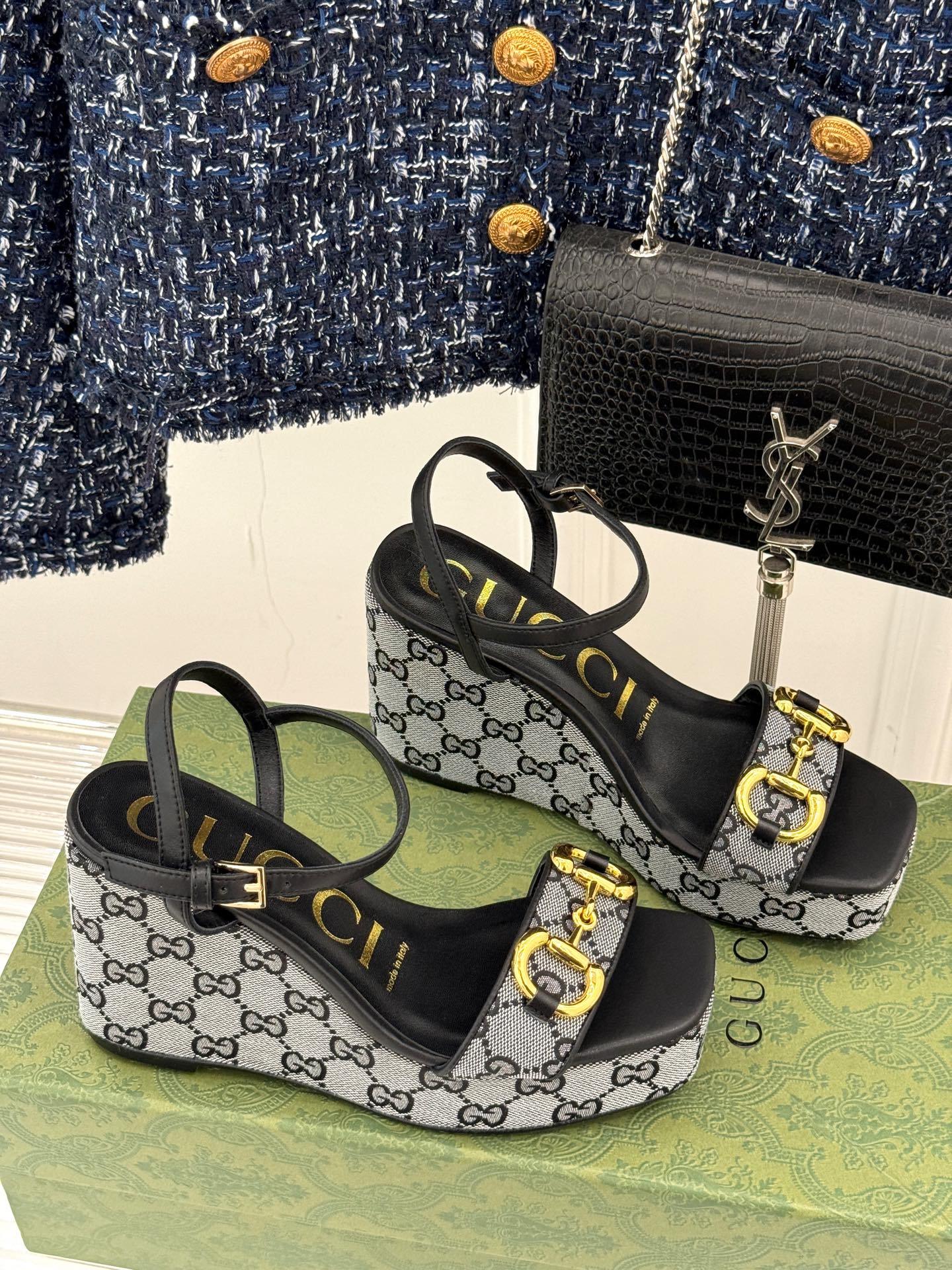 BLACK MONOGRAM PLATFORM WEDGE SANDALS