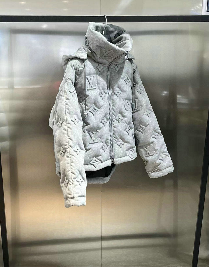 EMBOSSED MONOGRAM HOODED PUFFER JACKET