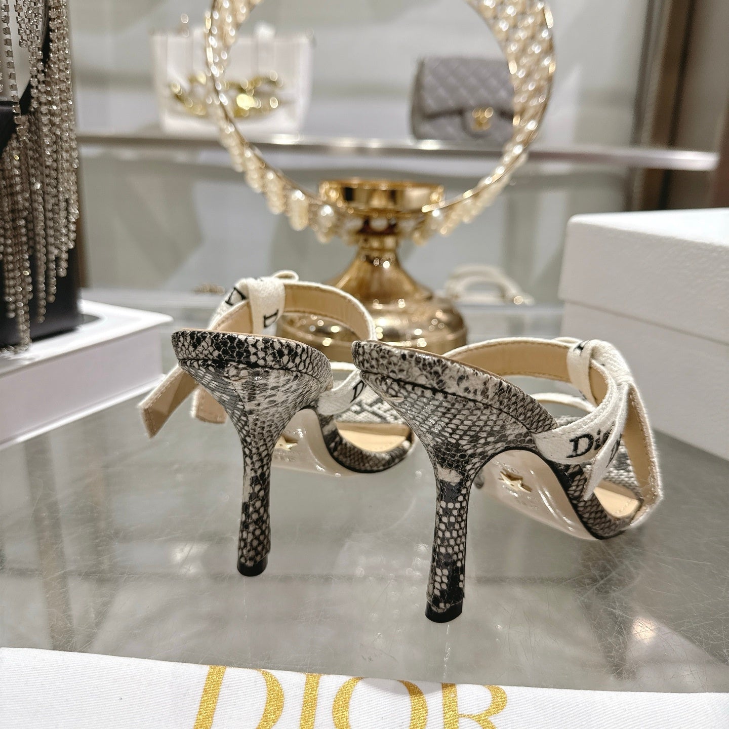 SNAKESKIN PRINT LOGO STRAP BOW HEEL SANDALS