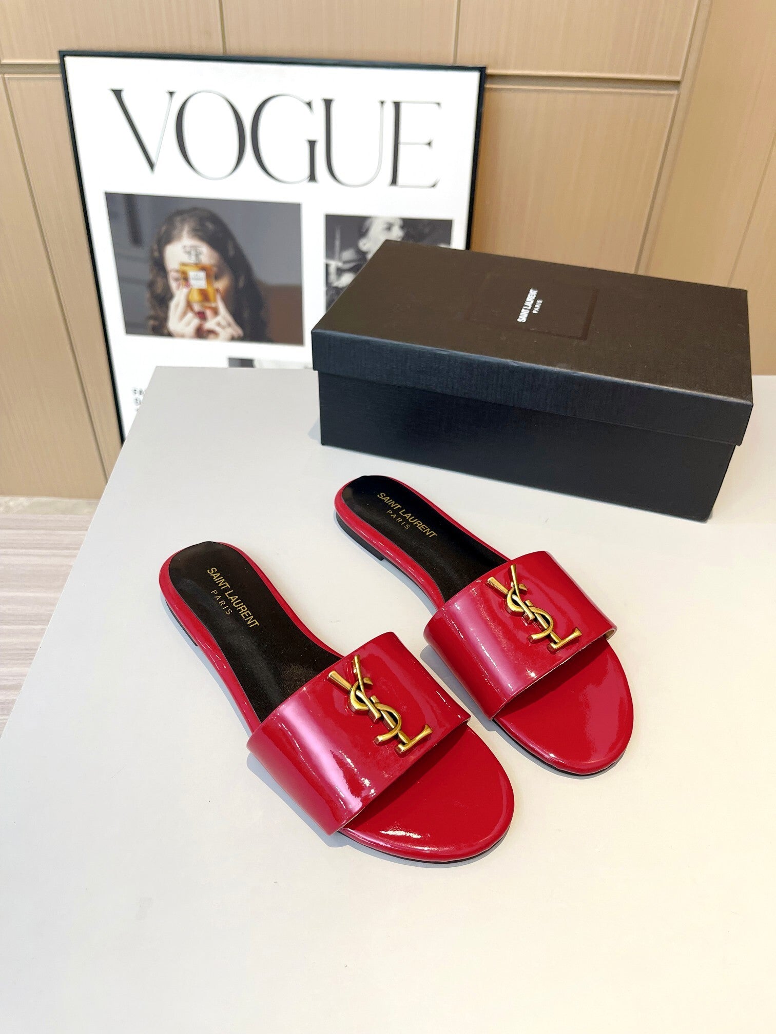 RED PATENT SLIDE SANDALS