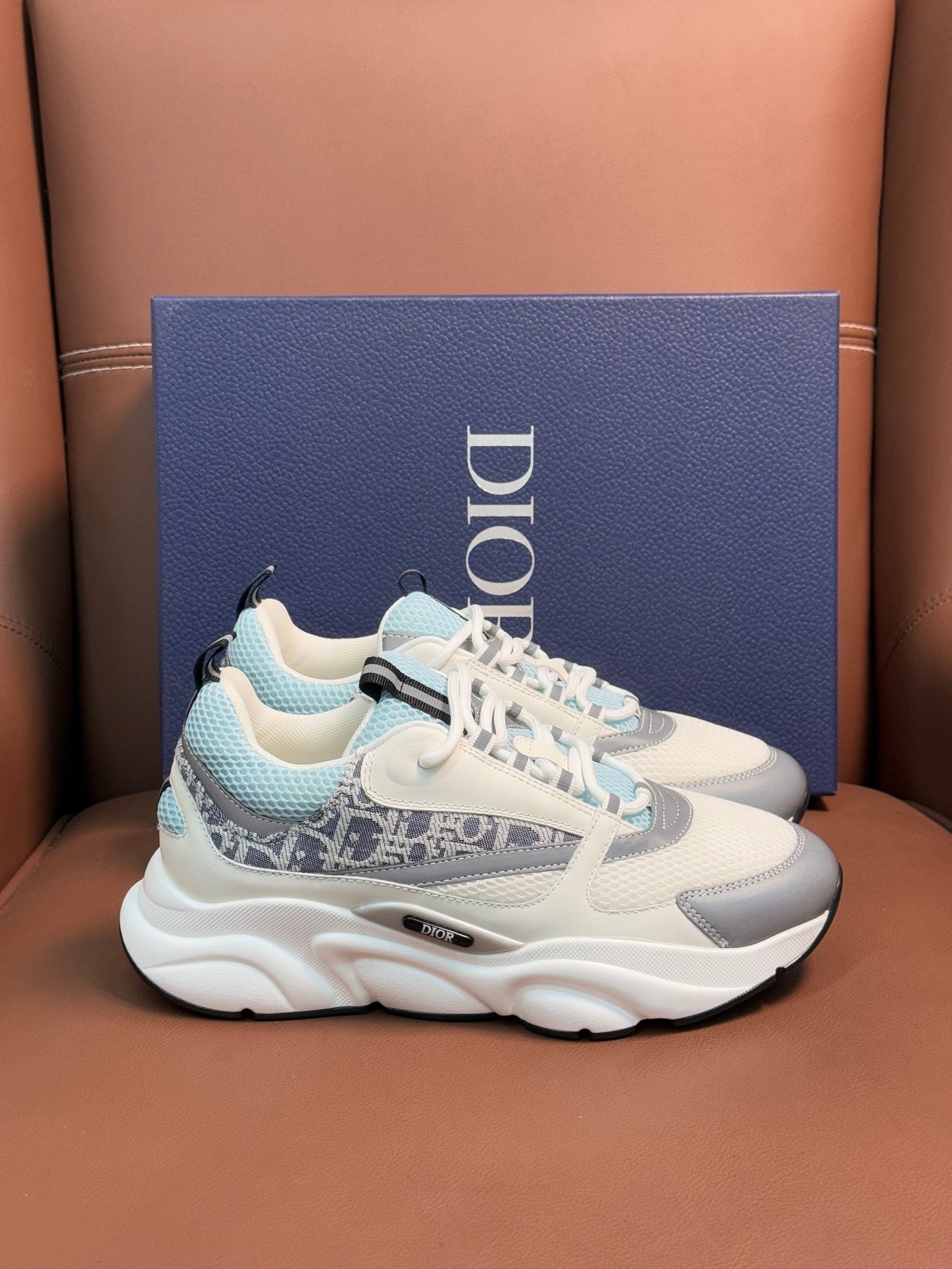 WHITE, GREY & ICE BLUE MONOGRAM CHUNKY SNEAKERS