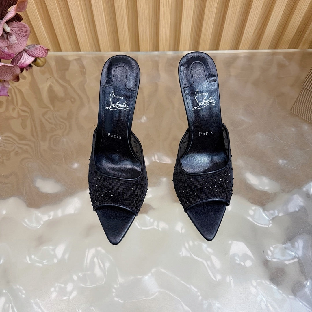 BLACK RHINESTONE MULE HEELS