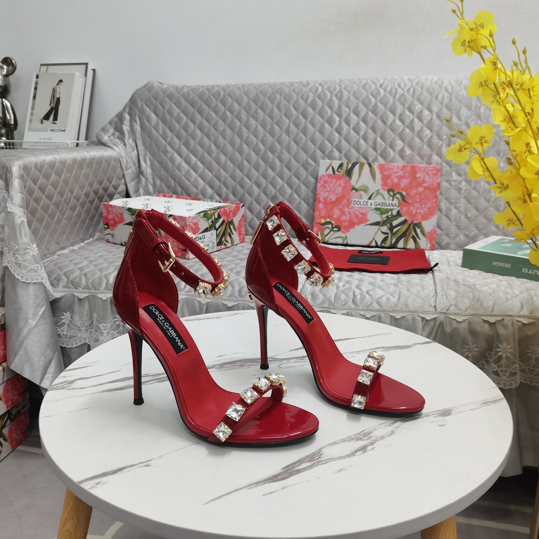 RED STRAPPY HEEL SANDALS WITH CRYSTAL EMBELLISHMENTS