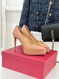BLUSH PATENT PLATFORM PUMPS WITH GOLD ACCENT