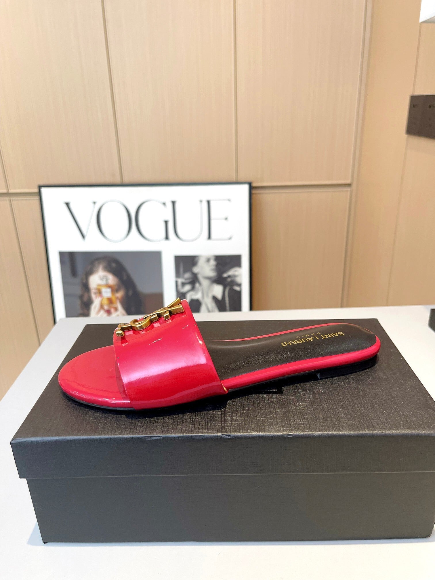 RED PATENT SLIDE SANDALS