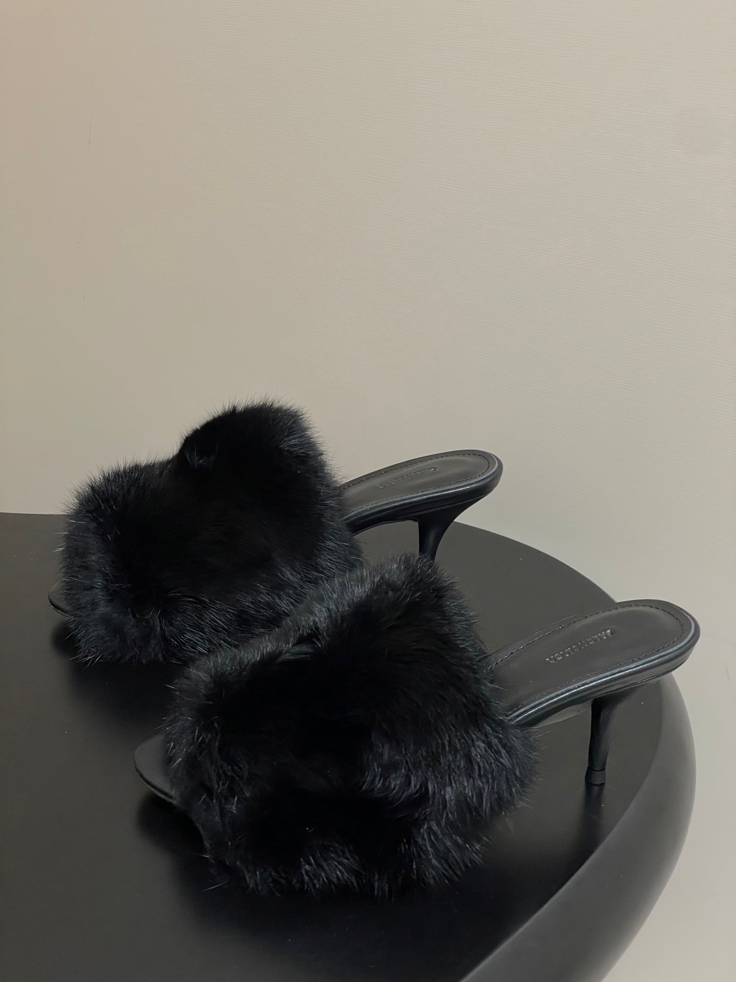 BLACK FUR STRAP MULE HEELS