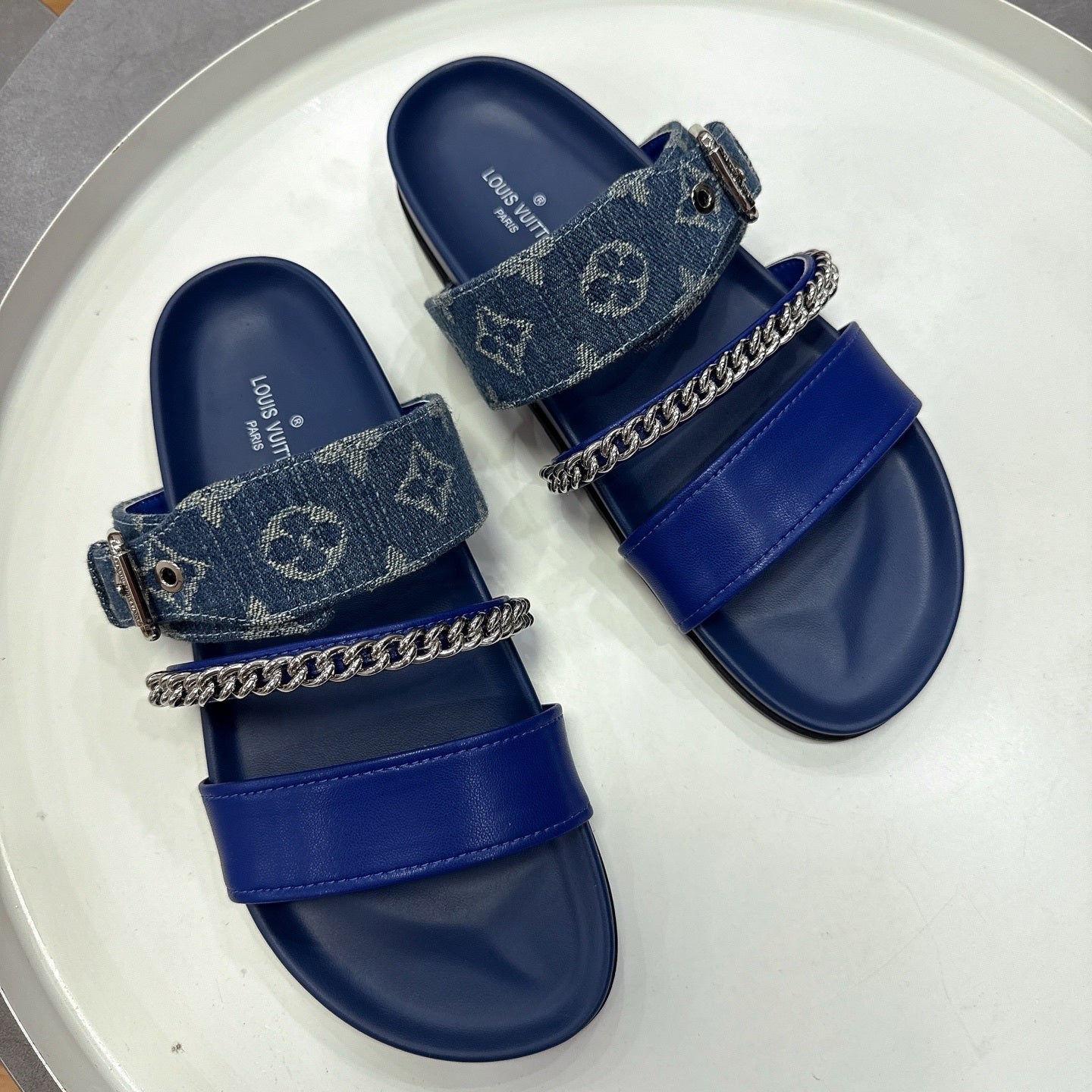 BLUE MULTI-STRAP CHAIN DETAIL SLIDE SANDALS