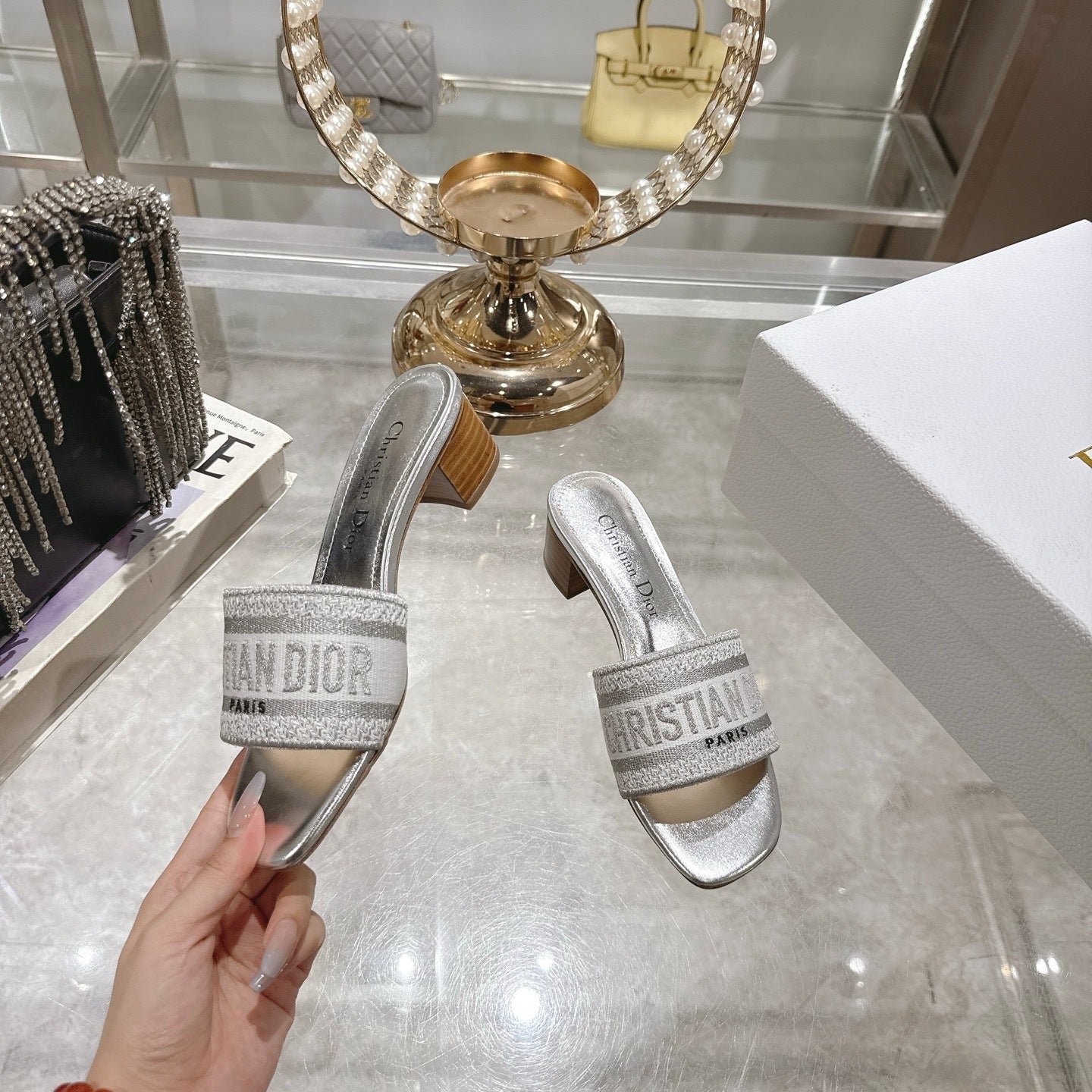 METALLIC LOGO JACQUARD LOW HEEL MULES