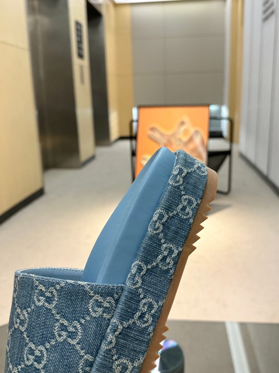 DENIM MONOGRAM PLATFORM SLIDE SANDALS