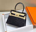 LUXURY BLACK CROCODILE EMBOSSED MINI TOP HANDLE HANDBAG WITH GOLD HARDWARE