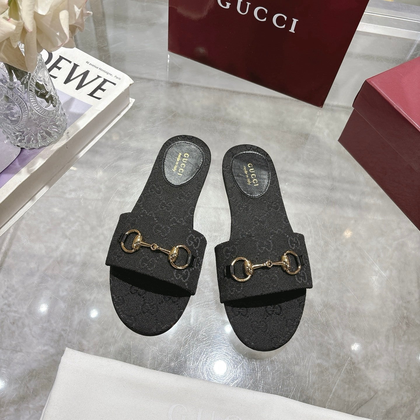 BLACK MONOGRAM METAL DETAIL SLIDE SANDALS