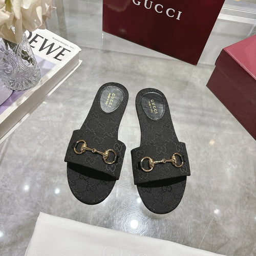 BLACK MONOGRAM METAL DETAIL SLIDE SANDALS