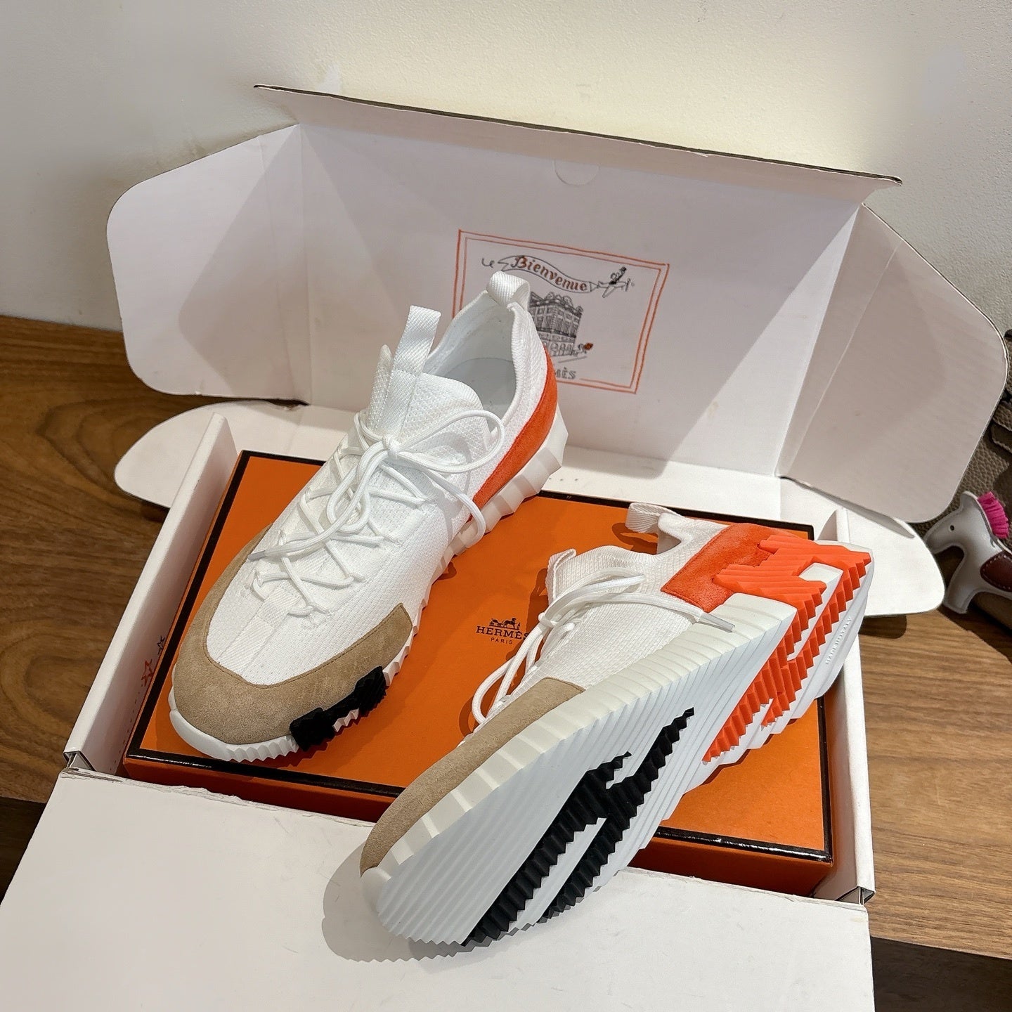 WHITE TECH-KNIT SNEAKERS WITH SUEDE TOE & ORANGE HEEL ACCENT