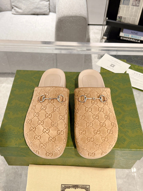 BEIGE EMBOSSED MULE SLIDES