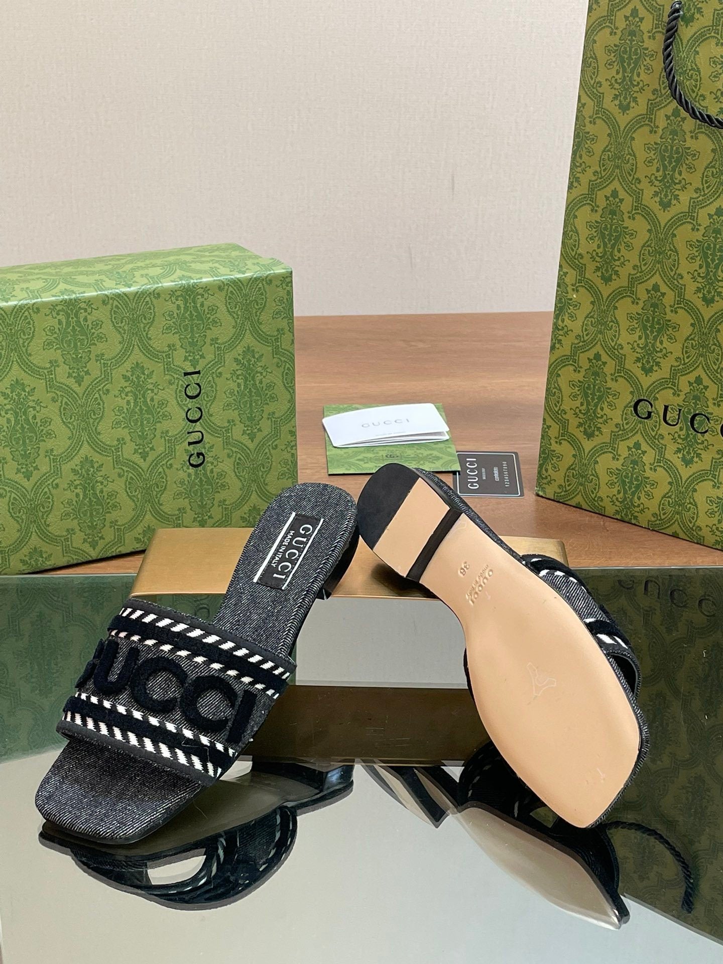 EMBROIDERED DENIM FLAT SLIDE SANDALS – BLACK