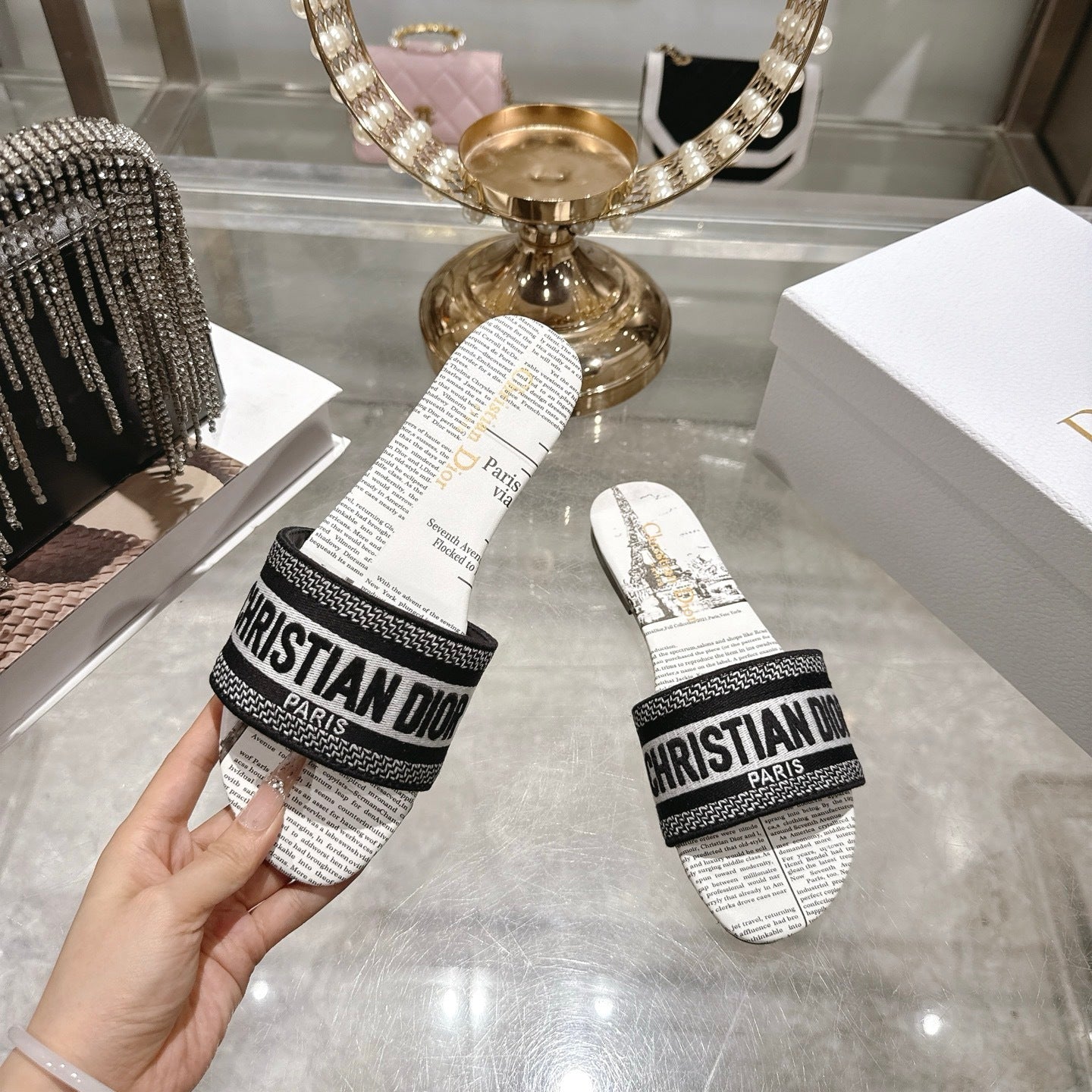 PARIS PRINT LOGO STRAP SLIDE SANDALS